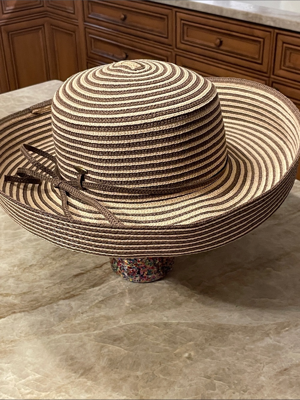 Scala Striped Brown & Cream Wide-Brim Sun Hat